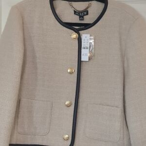 J. Crew Women's Tan Blazer with Black Trim and Gold Buttons